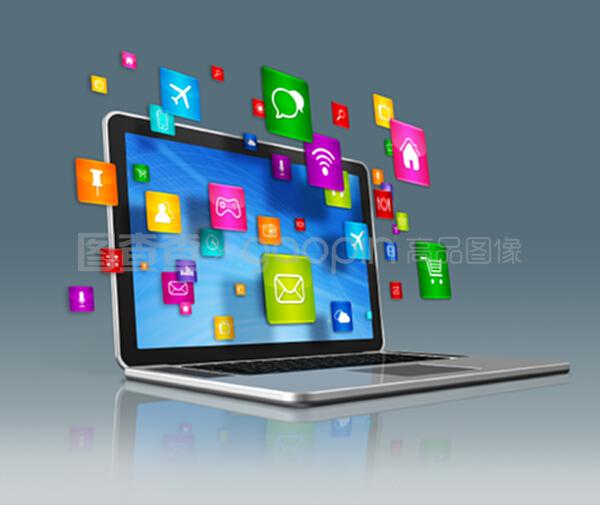 灰色背景下的筆記本電腦與飛行應用程序圖標 計算機應用的智能化變革